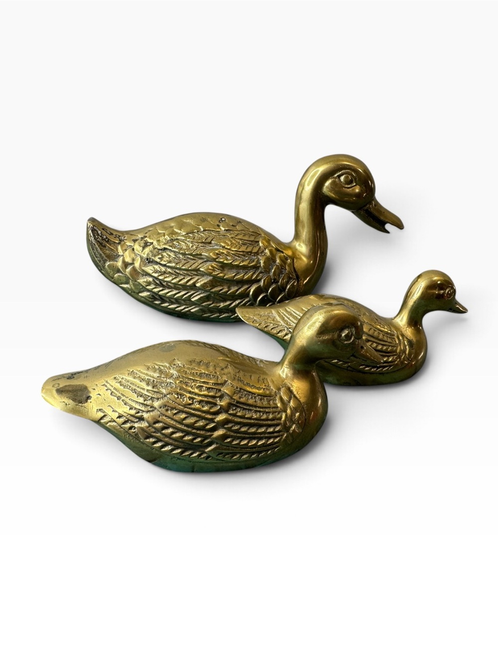 Vintage Brass Duck Family Figurines Set of 3 - Detailed Feather Paperweights